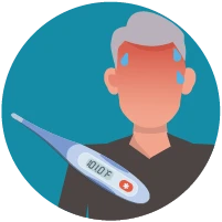 Person perspiring and thermometer indicating person has a fever